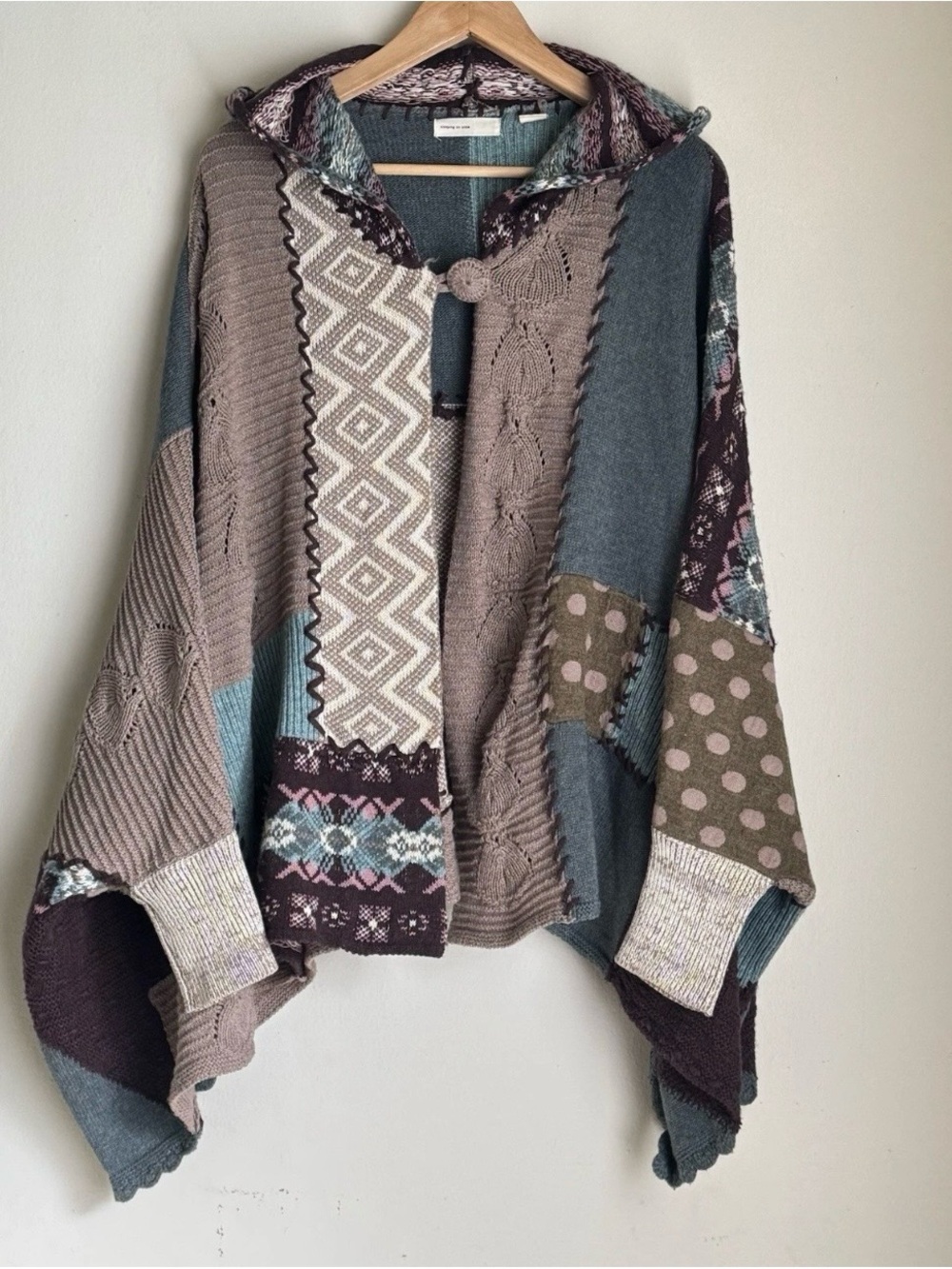 Anthropologie Sleeping On Snow Patchwork Assembly Cape Poncho Sweater OS Boho